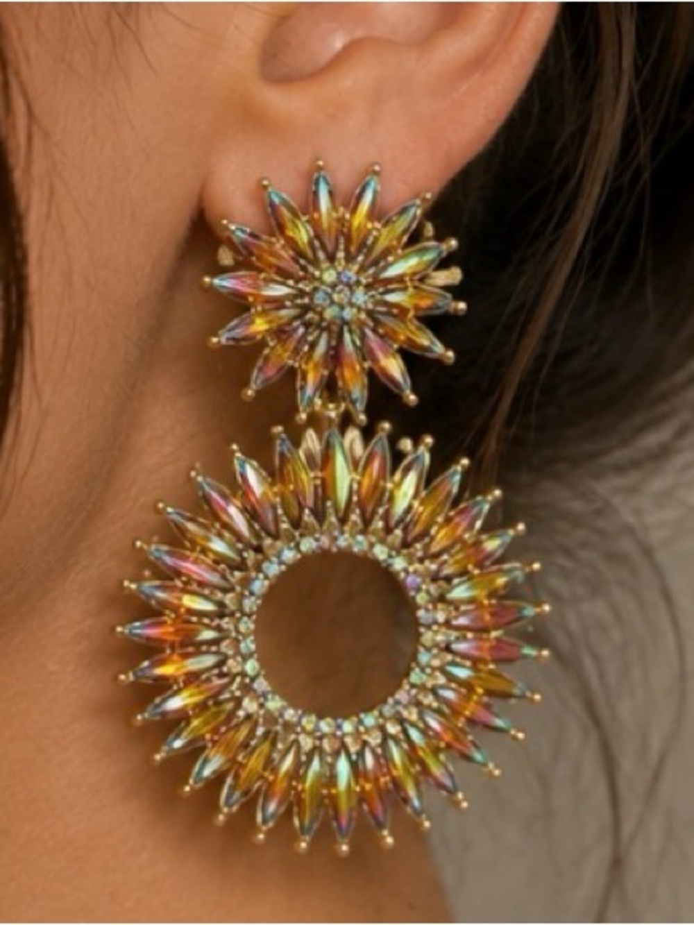 Natasha Gold Iridescent Rhinestone Sunburst Statement Drop Earrings NWT